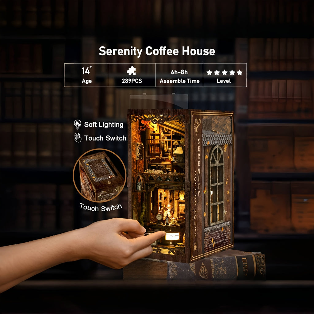 DIY Miniature Book Nook Kit with LED Light Coffee House 3D Wooden Bookshelf Insert Puzzle Dustproof Craft Kit Gift for Adults Teens Craft Lovers