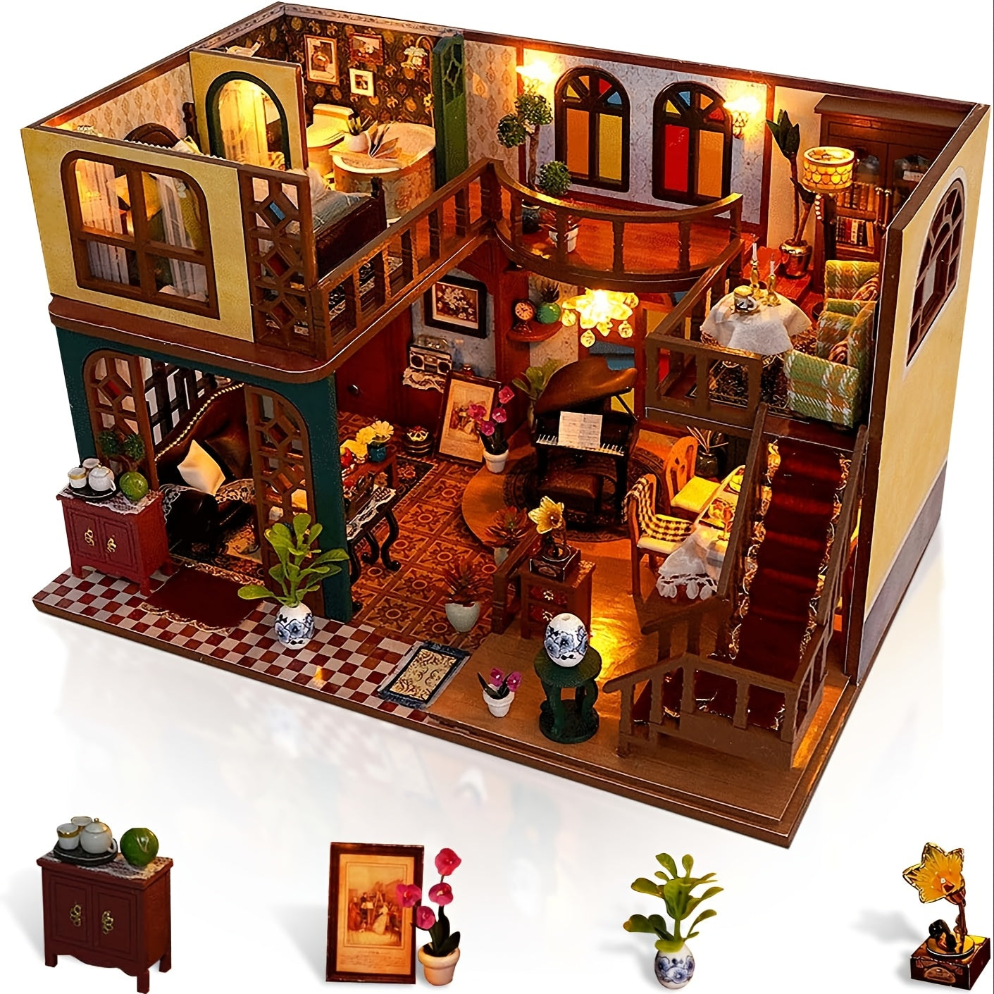 Oriental Charm DIY Dollhouse Kit Double Layer Miniature House with Dust Cover – Asian-Inspired Handmade No Glue Needed Home Decor Display Gift for Teens Adults Ages 14+