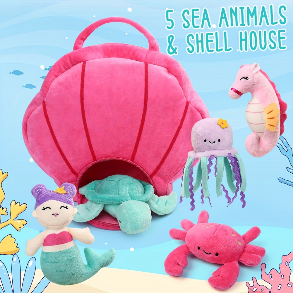 Ocean Stuffed Animal Set 5PCS – Sea Creature Plush Toys with Shell Carrying Bag, Mermaid Turtle Octopus Seahorse Crab Plushies for Kids, Birthday Christmas Gift for Girls Boys