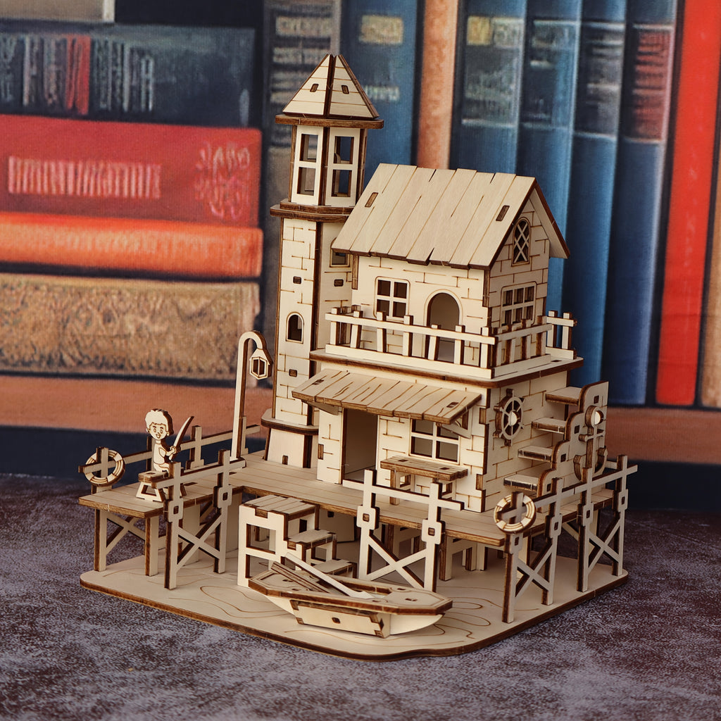 Wooden 3D Puzzle Model Kit Fisherman's Cabin - Handmade Wood Assembly Building Set for Adults & Kids, STEM Craft Gift