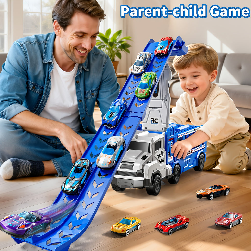 3-in-1 Kids Carrier Truck Toy with Car Tracks, 12 Racing Cars, Foldable Race Track & Garage – Toddler Birthday Gift for Boys Girls Ages 3+, Blue