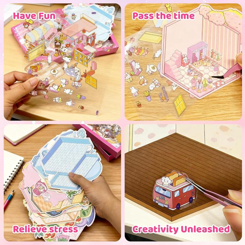 3D Sticker Scene Kit for Kids, 20 DIY Mini Shop and House Sticker Sets with Cute Cartoon Animals and Tweezers for Creative Craft Gifts