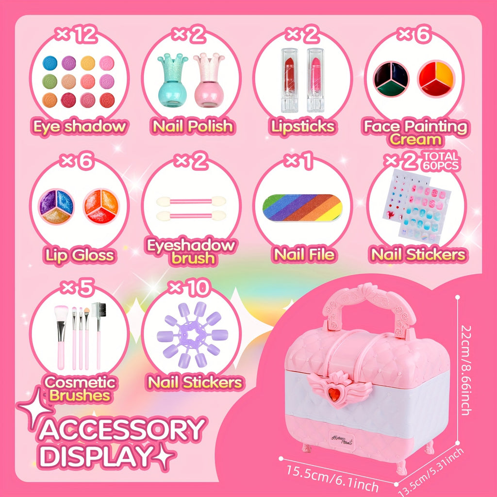 Kids Makeup Kit for Girls 48 Piece Washable Hypoallergenic Eyeshadow Blush Lip Gloss Nail Polish Glitter Princess Pretend Play Cosmetic Set Ages 5-12 Birthday Christmas Gift