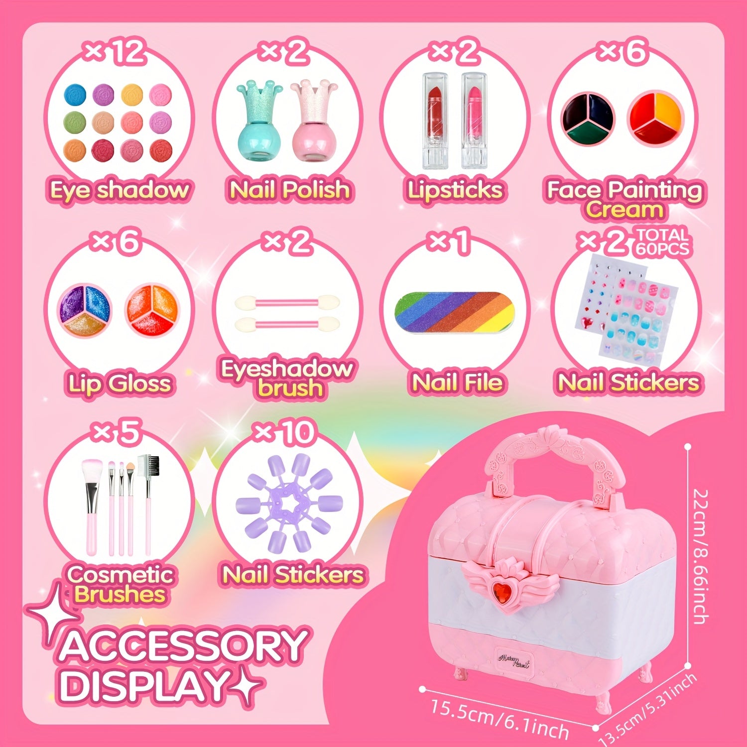 Kids Makeup Kit for Girls 48 Piece Washable Hypoallergenic Eyeshadow Blush Lip Gloss Nail Polish Glitter Princess Pretend Play Cosmetic Set Ages 5-12 Birthday Christmas Gift