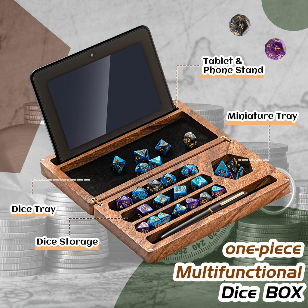Handmade Walnut Dice Box 4.8x9" Flip Lid Magnetic Lock - Wood Dice Tray with Phone Stand for DnD RPG Board Games, Premium Dungeon Master Gift