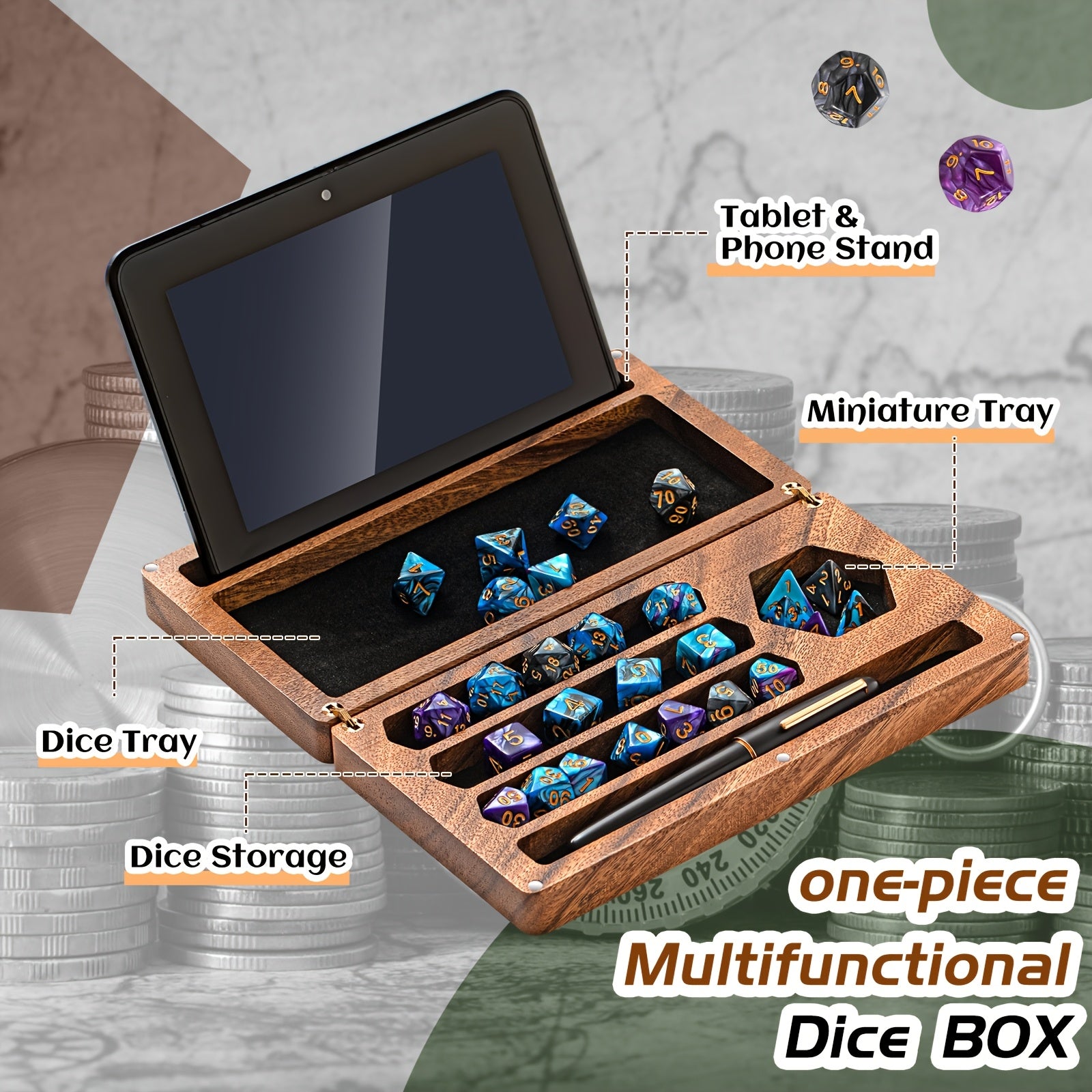 Handmade Walnut Dice Box 4.8x9" Flip Lid Magnetic Lock - Wood Dice Tray with Phone Stand for DnD RPG Board Games, Premium Dungeon Master Gift