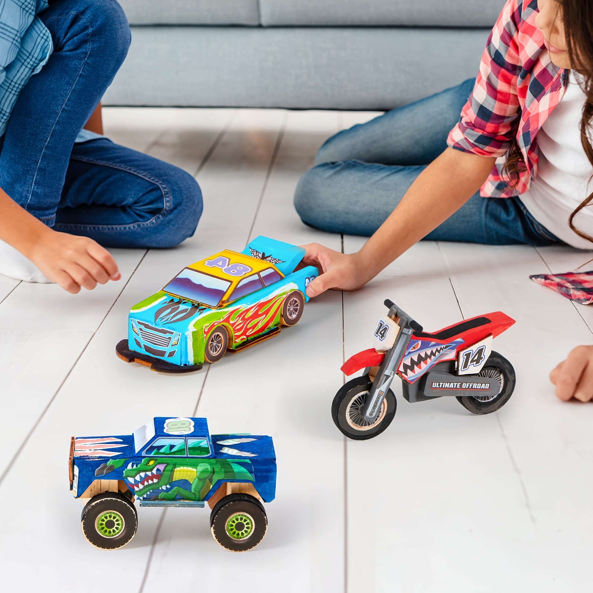 Build & Paint Your Own Wooden Race Car Craft Kit 144 Pieces with Race Car Motorcycle Monster Truck 12 Paint Colors Decals STEM Toy Gift for Kids Boys