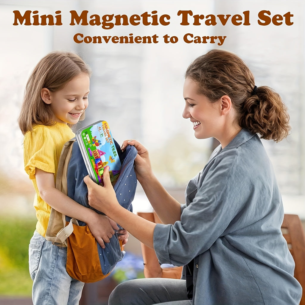 Magnetic Tiles Travel Set 42 Piece Ceramic in Metal Tin – Portable Magnetic Building Blocks for Kids Ages 3+, Educational Sensory STEM Toy, Road Trip Airplane Gift for Boys & Girls On the Go