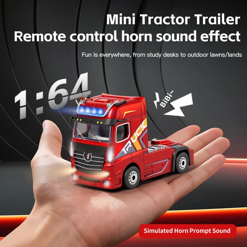 Mini RC Semi Truck with Detachable Container Trailer, HOTFREE 1:64 Scale Red 2.4GHz Remote Control Vehicle with LED Headlights for Indoor Play and Display