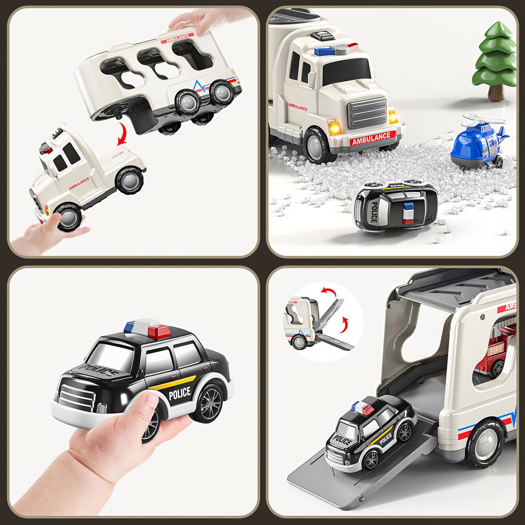 5-in-1 Ambulance Fire Truck Carrier Toy with Lights Sounds Friction Power Emergency Vehicle Playset for Kids Boys Girls Toddlers Ages 3 4 5 Birthday Christmas