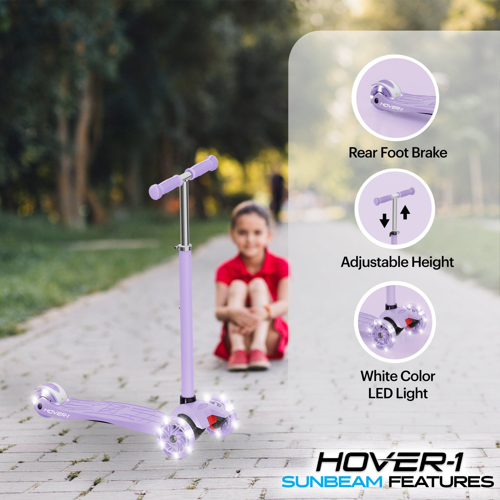 Hover-1 Sunbeam Kids Kick Scooter with Multicolor LED Wheel Lights – 3-Wheel Adjustable Height, 110 lb Capacity, Rear Foot Brake for Boys & Girls