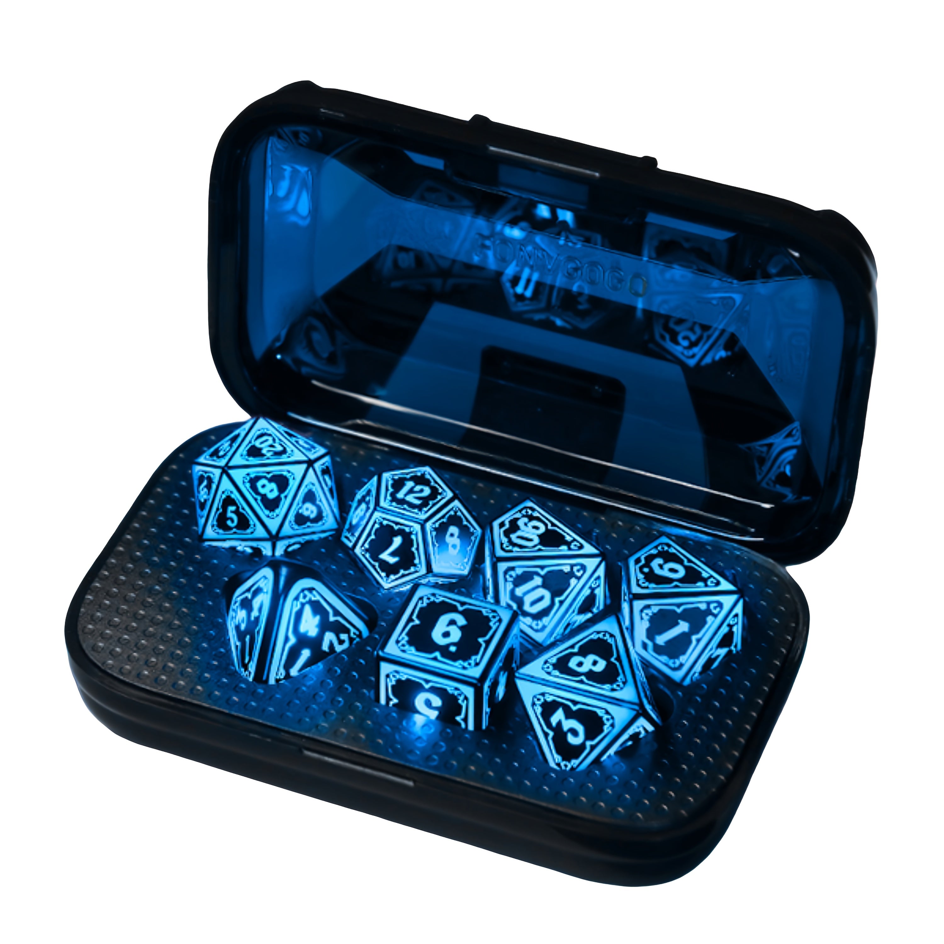 LED DND Dice Set with Wireless Rechargeable Charging Case 7 Polyhedral Glowing Dice – D4 D6 D8 D10 D12 D20 D100 for RPG Tabletop Games, Clear Numbers, 6Hr Battery, Christmas Halloween Gift