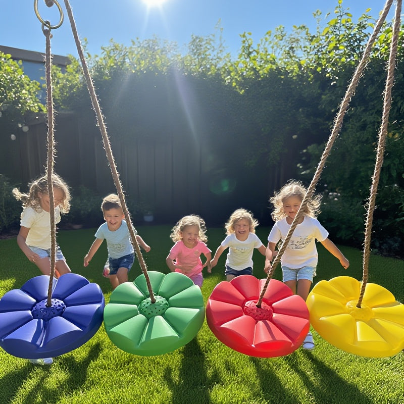 Kids Outdoor Swing Set 2 Pack Flower Shaped – 11.8 Inch Seat 78.7in Adjustable Rope for Backyard Courtyard Playground Boys Girls Birthday Gift (Green & Red)