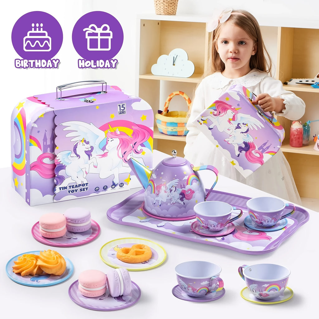 Unicorn Tea Party Set for Girls, Purple Tin Teapot Cups & Plates Pretend Play Kitchen Toy, Birthday Easter Gift for Toddlers Girls Ages 3+
