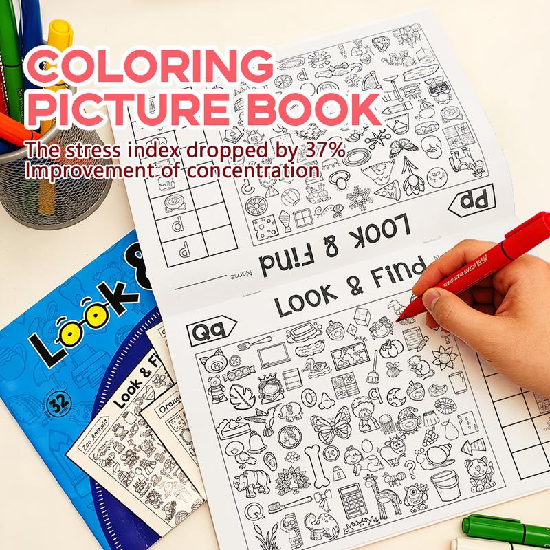 Look and Find Coloring Books for Kids Ages 3-4, 2-Pack Paper Activity Books with Hidden Object Scenes, Coloring Areas and Find-and-Mark Games for Travel