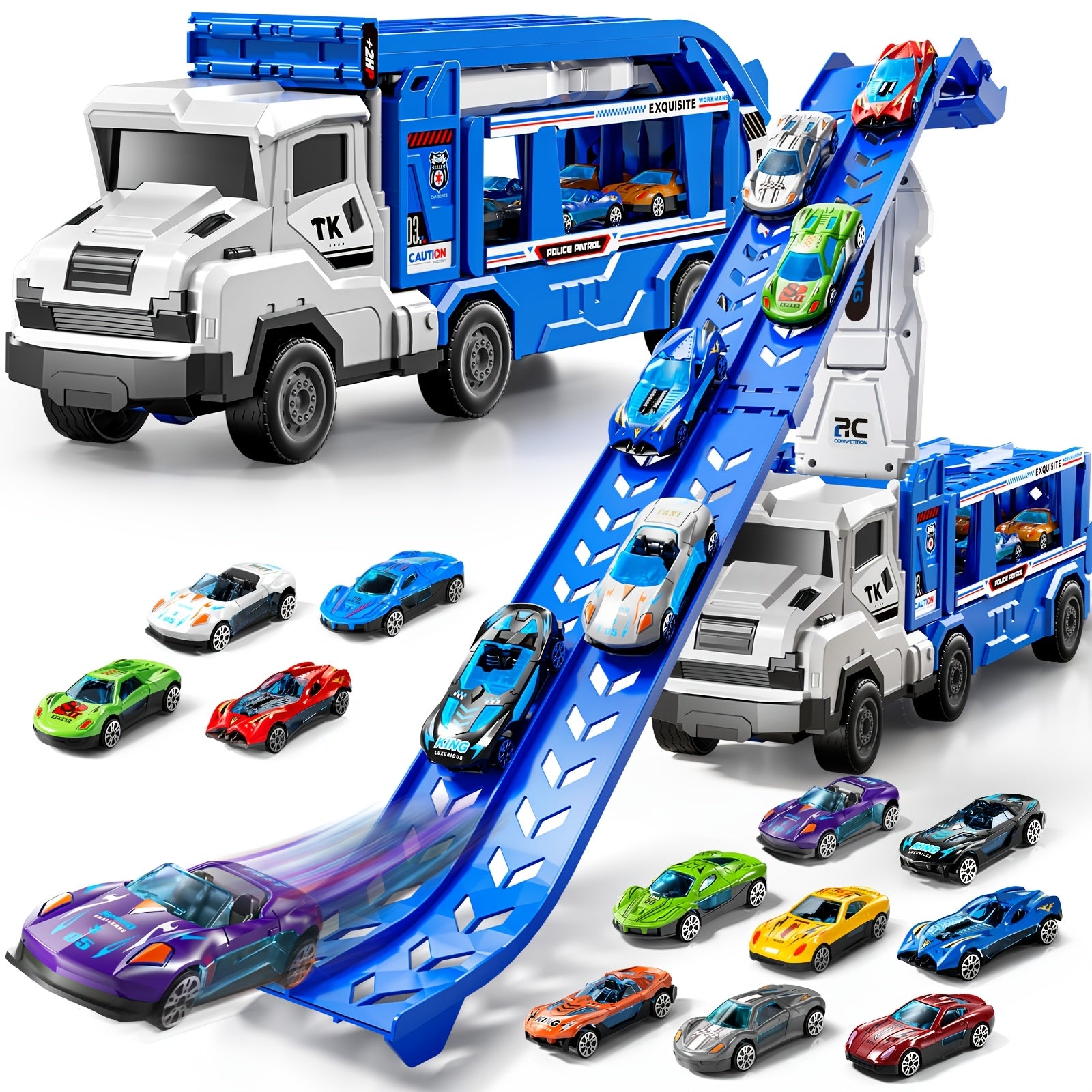 3-in-1 Kids Carrier Truck Toy with Car Tracks, 12 Racing Cars, Foldable Race Track & Garage – Toddler Birthday Gift for Boys Girls Ages 3+, Blue