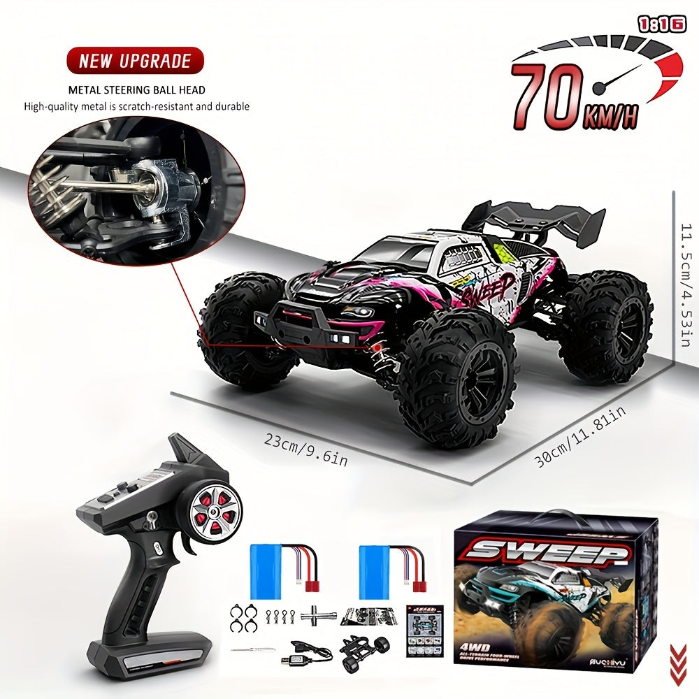 1/16 Scale 4WD Brushless Motor RC Car 70km/h High Speed 2.4G Remote Control Off-Road Drift Racing Truck with 2 Batteries – Kids Adults Gift