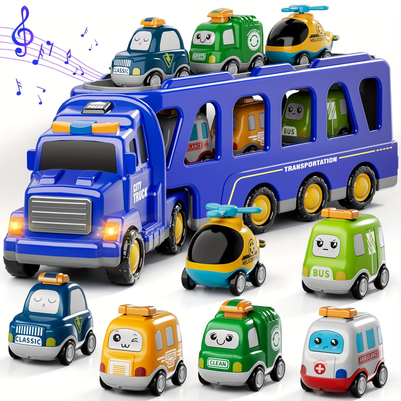 Transport Carrier Truck Toy 16.9 Inch with 6 Mini Cars Lights Sounds Construction Vehicle Playset for Kids Boys Girls Toddlers Ages 3+ Birthday Christmas Gift