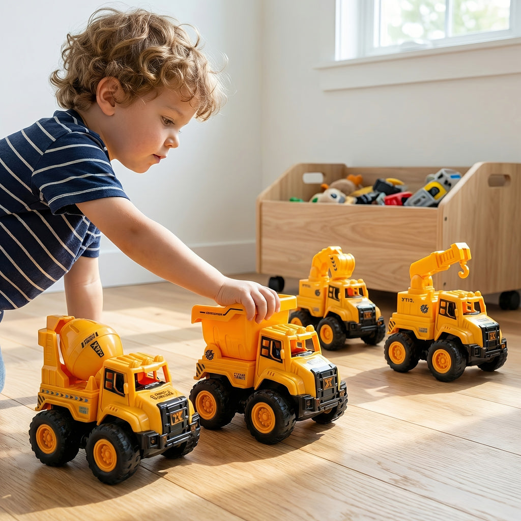 4-Piece STEM Construction Toy Vehicle Kit Excavator Dump Truck Crane Cement Mixer Sandbox Toy for Kids Ages 3+ Hands-On Learning Halloween Christmas Gift