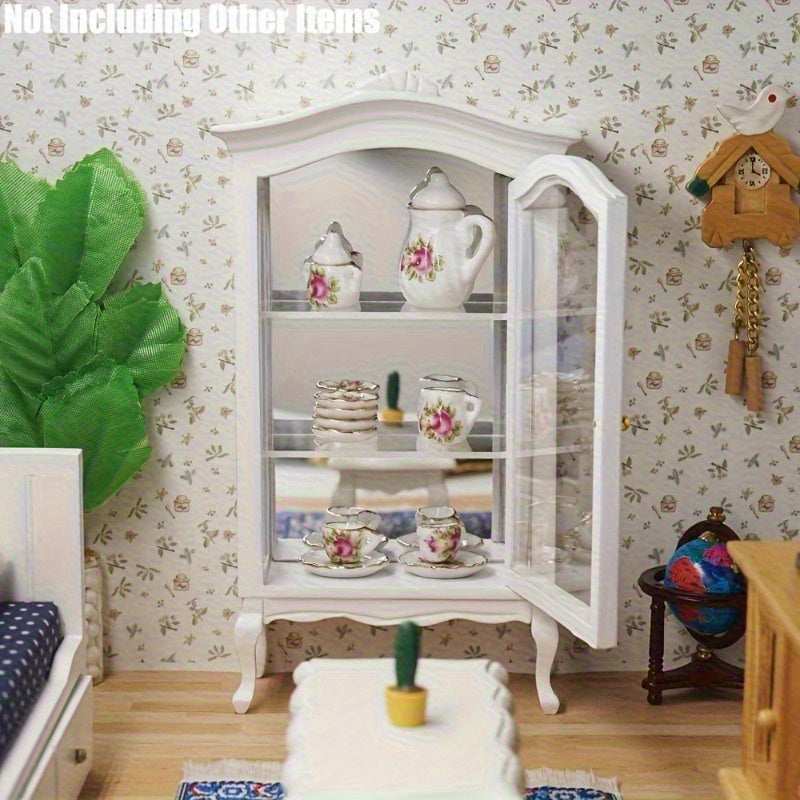 Dollhouse Display Cabinet Miniature White Wooden Hutch with Mirror 3 Glass Shelves Mini Furniture Decoration Photography Prop Wedding Scene Living Room Decor Gift