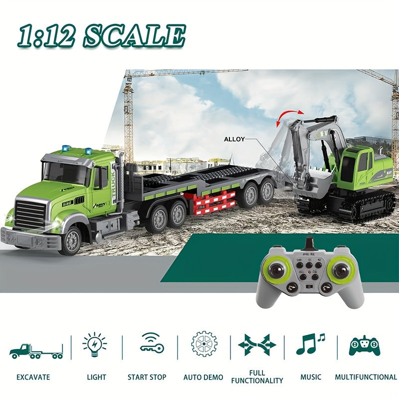RC Semi Truck and Excavator Set 1:12 Scale Dual Remote Control with Lights Sound 2.4GHz Construction Toy for Boys Girls Ages 6-12 Birthday Gift