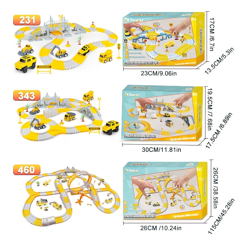 Kids Electric Track Car Toy Set Engineering Race Track with Elevated Bridge Tunnel Roller Coaster Scene Building Assembly – Birthday Gift Boys Girls Ages 3-8