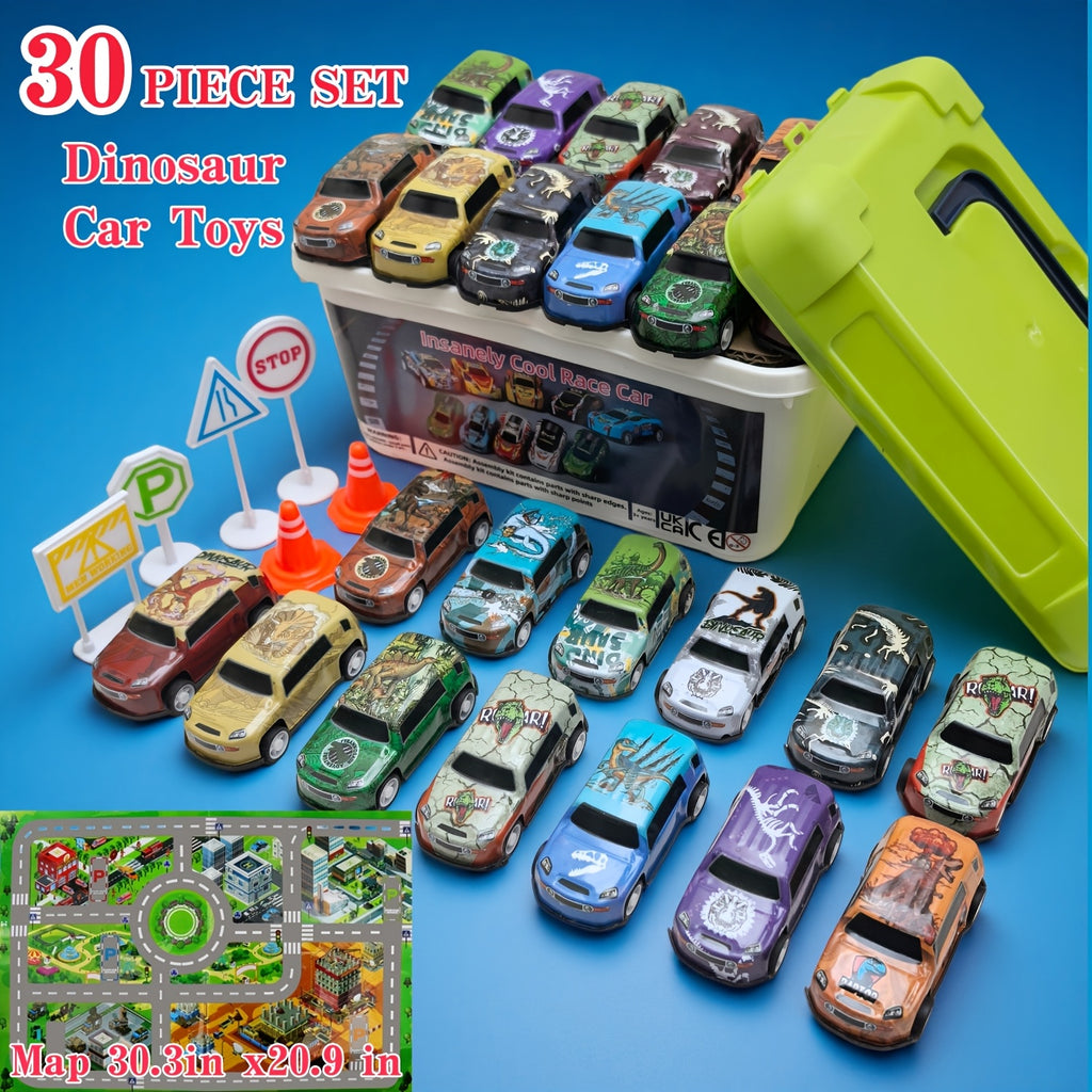 Dinosaur Toy Car Set 29-30pcs Pull Back Mini Racing Cars with City Traffic Map T-Rex Spinosaurus Figures No Battery Kids Party Favors Boys Girls Ages 3+ Gift