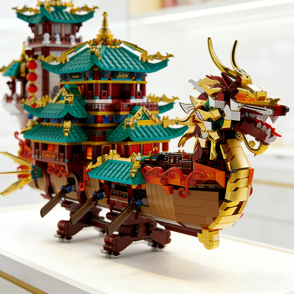 2453-Piece Dragon Boat Building Block Set Large Scale Chinese Dragon Boat Festival Model Kit - ABS Bricks Medium Difficulty, Unique Cultural Display Piece, Gift for Adults Teens Collectors
