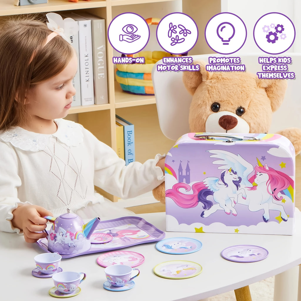 Unicorn Tea Party Set for Girls, Purple Tin Teapot Cups & Plates Pretend Play Kitchen Toy, Birthday Easter Gift for Toddlers Girls Ages 3+