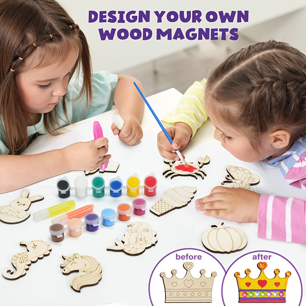 DIY Wooden Fridge Magnets Painting Kit for Kids 30pcs – Wood Craft Set with Glow in the Dark Paint, Art Supplies, Party Favors Gift for Boys Girls