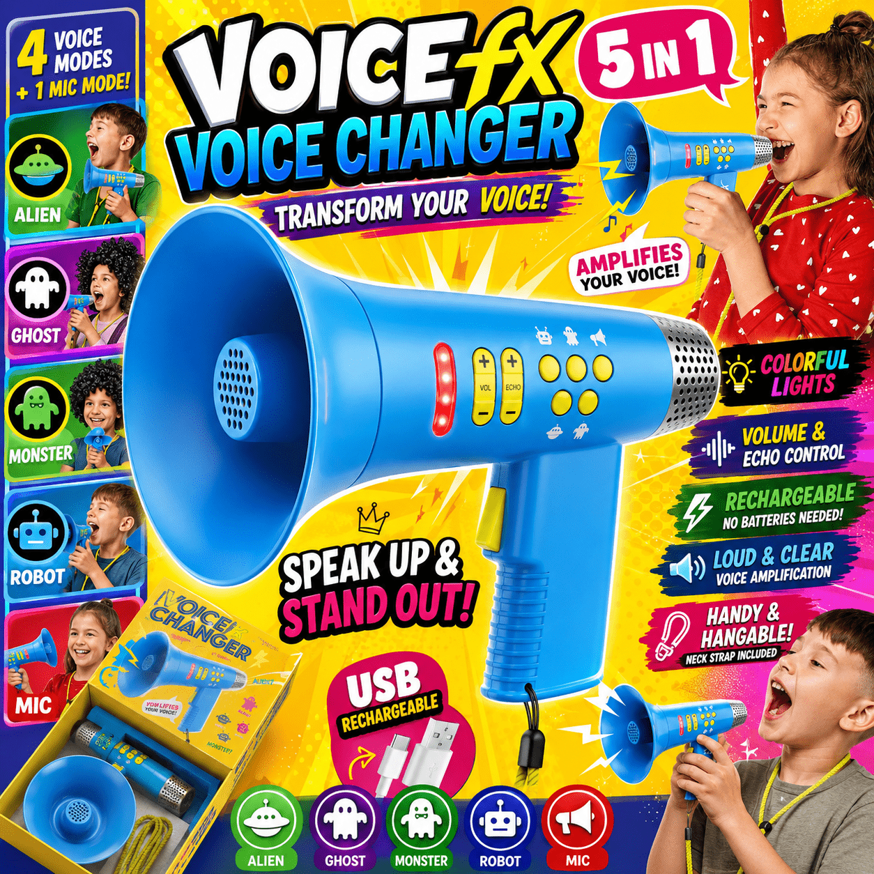 Voice Changer Megaphone Toy for Kids 5-in-1 - LED Lights, USB Rechargeable, Echo & Volume Control, Toddler Microphone for Pretend Play, Birthday Gift for Boys & Girls