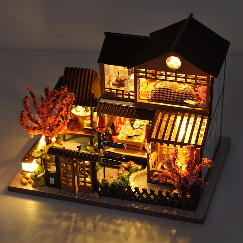 DIY Miniature Sakura House Kit – Wooden Dollhouse Building Kit for Adults, Model Craft Set with Furniture & Accessories, Christmas Halloween Birthday Gift