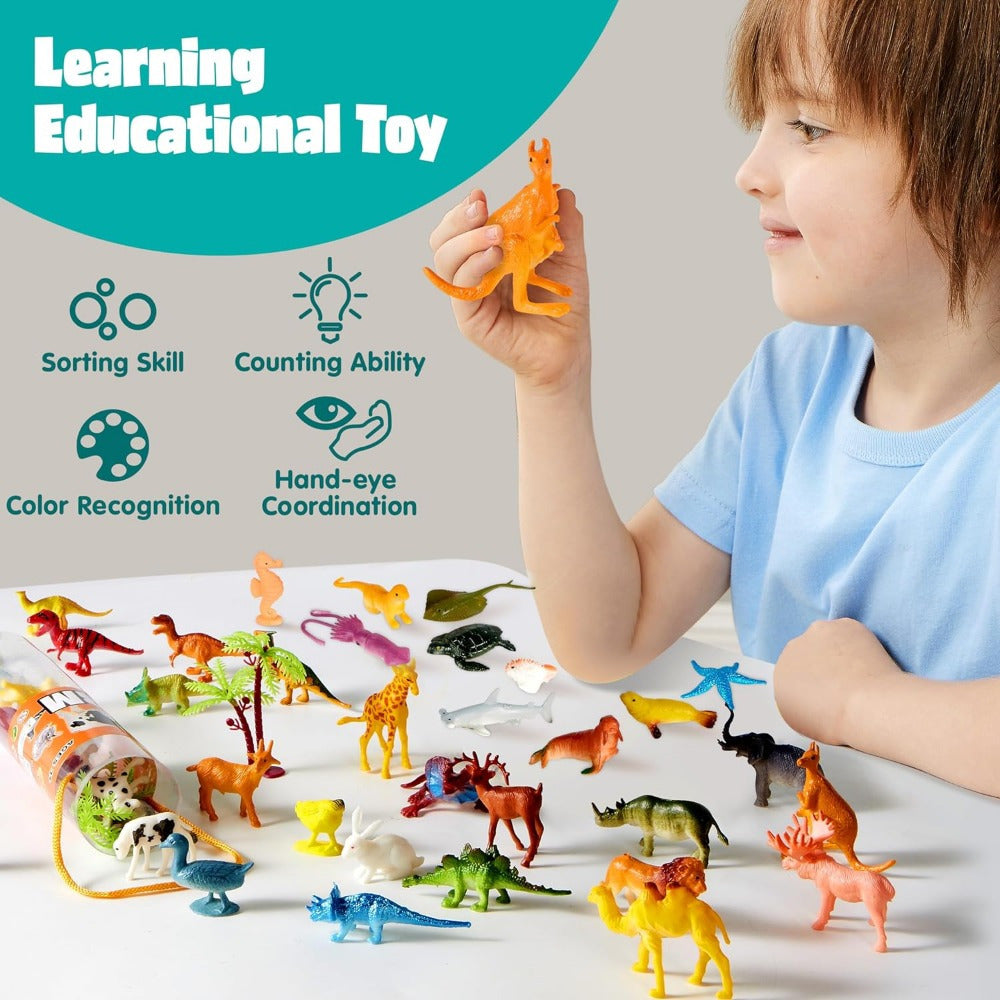 69pcs Animal Figures Toy Set for Kids – Jungle Zoo Ocean Farm & Dinosaur Figurines with Sensory Bin – Educational STEM Toy – Birthday Party Favor & Gift for Boys & Girls Ages 3+