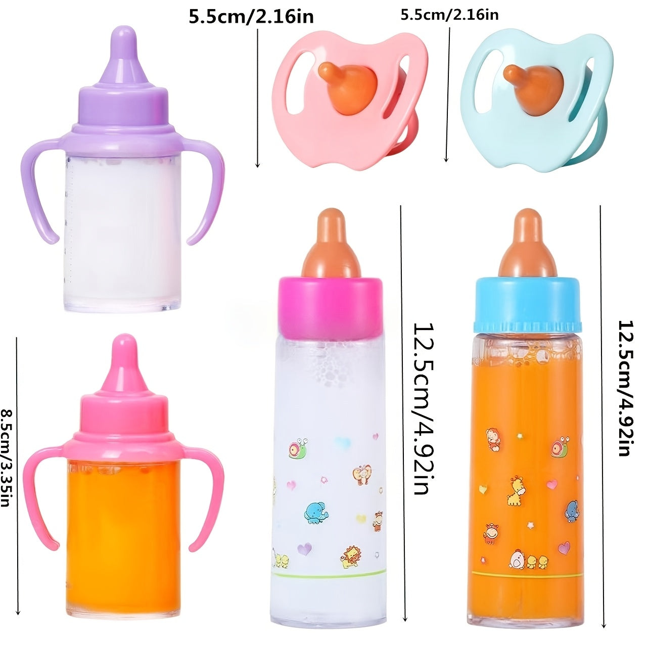 Baby Doll Feeding Set 3 Piece – Milk Bottle Juice Bottle Pacifier Doll Care Accessories for Baby Dolls Reborn Dolls Stroller Nurturing Play Kids Ages 3+ Gift White Orange