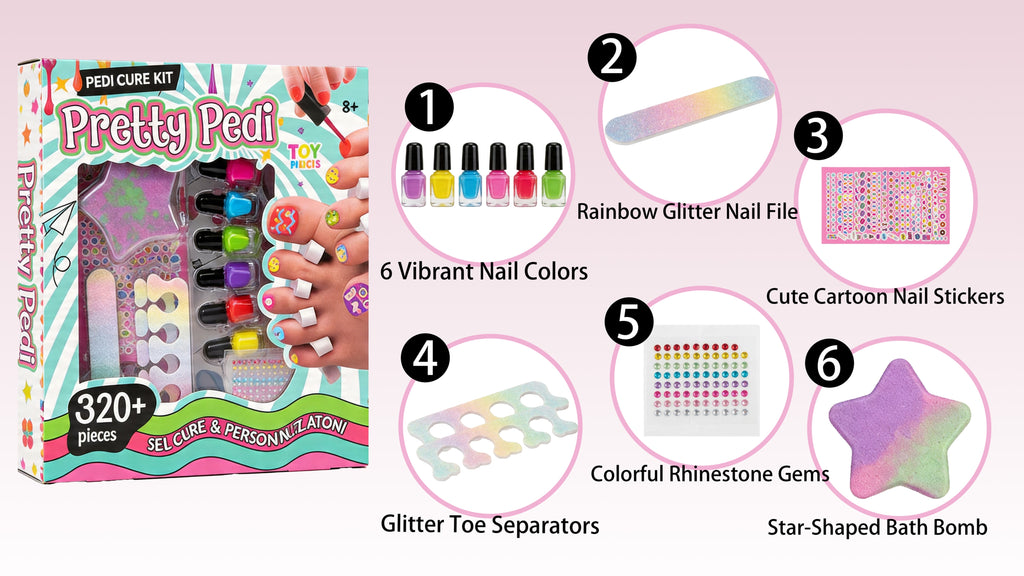 Pedicure Spa Play Set for Girls 320 Pieces Pretend Nail Salon Kit with Colorful Polishes Stickers Spa Party Self Care Toy Birthday Gift Ages 8 and Up
