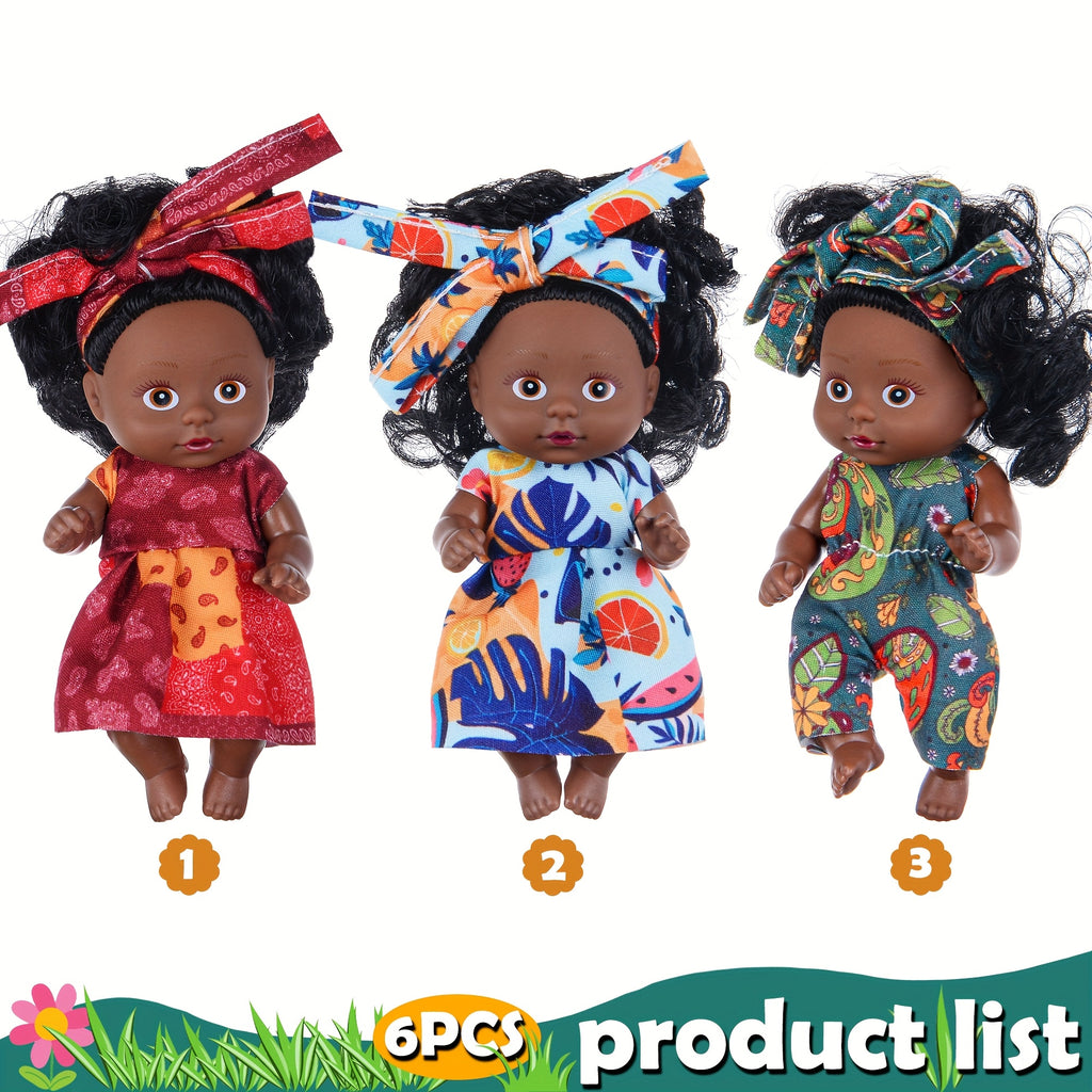 Black Baby Dolls 6 Pack Mini 4.5 Inch Curly Hair Flower Pajamas Poseable Head Hands Feet Gift Box Set Kids Birthday Christmas Holiday Gift Ages 3+
