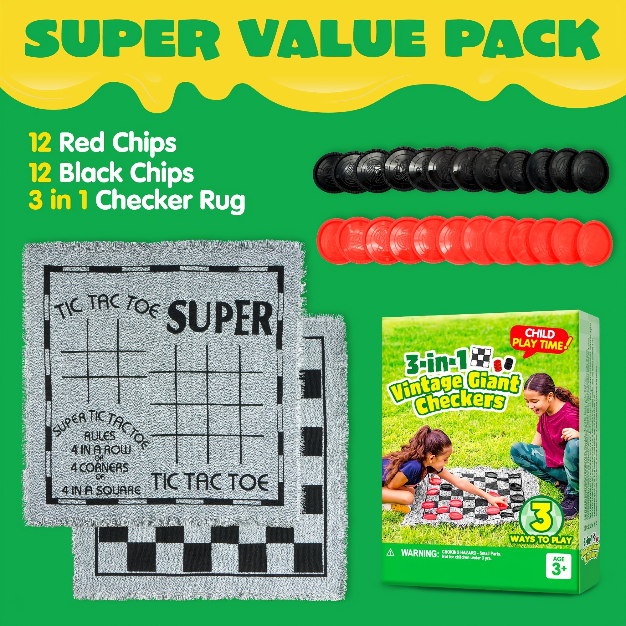 3-in-1 Giant Checkers and Tic Tac Toe Game Set with Reversible Mat 24 Oversized Chips Family Lawn Game Indoor Outdoor BBQ Party Easter Birthday Gift Ages 3+