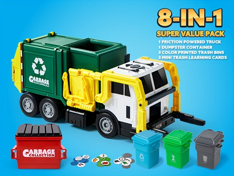 Garbage Truck Toy with Lights & Sounds – 16" Large Friction Powered Truck, Dumpster & Trash Bins, Garbage Sorting Learning Cards, Front-Load Dump Action, Birthday Gift for Kids Ages 3+