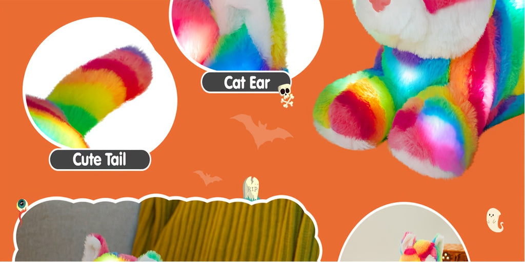 Musical Glowing Rainbow Cat Stuffed Animal - Soft Plush Cat Toy with Colorful LED Lights & Sound, Cute Kawaii Cat Plushie for Playtime Birthday New Year Party Decoration Gift