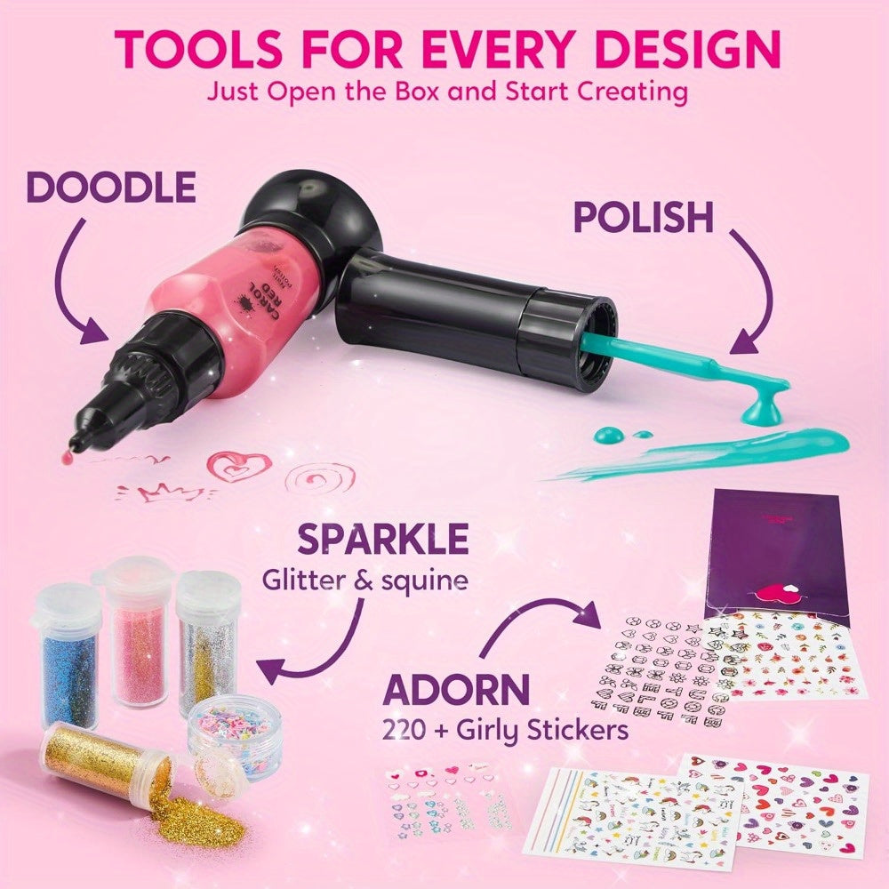 Kids Nail Polish Art Kit for Girls - Non-Toxic Nail Studio with 6 Color Polishes, Glitter, 220+ Stickers & Sequins - Creative Birthday Christmas Gift for Girls Ages 7+