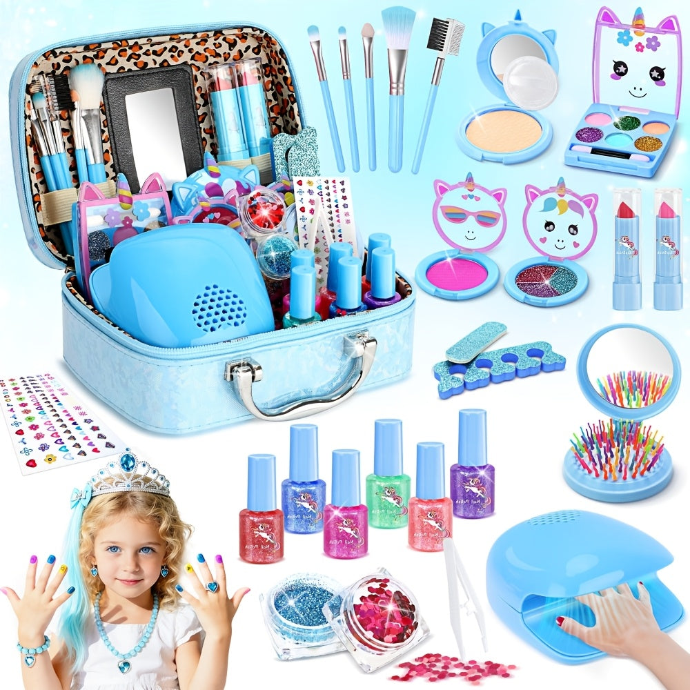 Kids Washable Makeup & Nail Art Set 2-in-1 Princess Toy for Girls Ages 3+ – Complete Cosmetic Kit with Nail Polish Eyeshadow Lipstick Wig Jewelry Birthday Valentine Christmas Gift