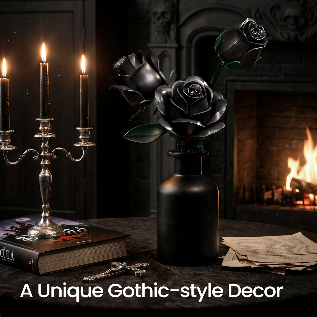Gothic Black Rose Building Block Set 152pcs – 3 Artificial Flower Bouquet Bricks Art Piece, Unique Party Gift & Home Decor for Rose Lovers