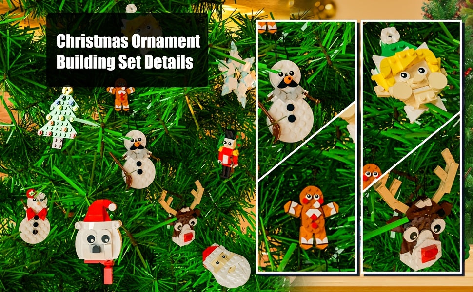 Christmas Building Blocks Ornament Set 11-in-1 382pcs - Santa Snowman Reindeer Nutcracker Tree Wreath Gingerbread Snowflake with Hanging String - Holiday Gift for Kids Adults Ages 6+