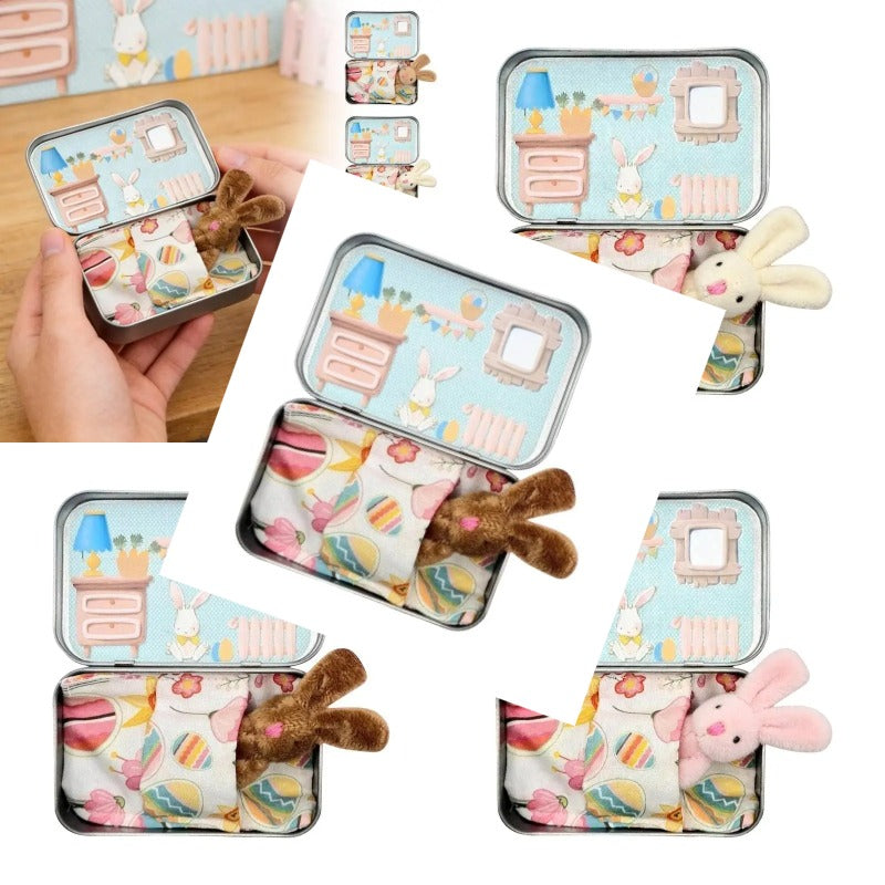 Mini Bunny Adoption Set Pocket Dollhouse Bunnies with Accessories in Decorative Tin Box – 4 Styles Easter Basket Gift Miniature Collector Toy Ages 3+