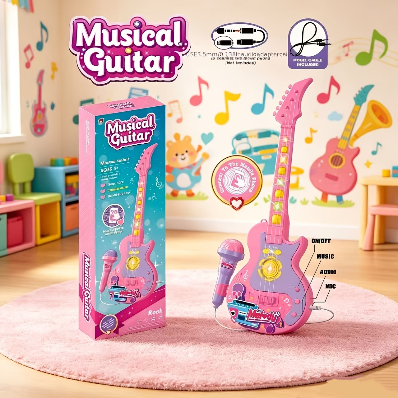 Kids Electric Guitar Toy with Microphone - Lights & Sound, Musical Instrument Toy for Boys & Girls, Beginner Guitar, Birthday Gift, Black Blue Pink