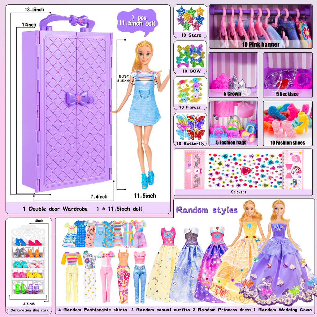 Doll Closet Wardrobe Playset 91pcs for 11.5 Inch Dolls – Princess Gowns Dresses Swimsuits Shoes Handbags Accessories & DIY Stickers Gift for Girls Ages 3+