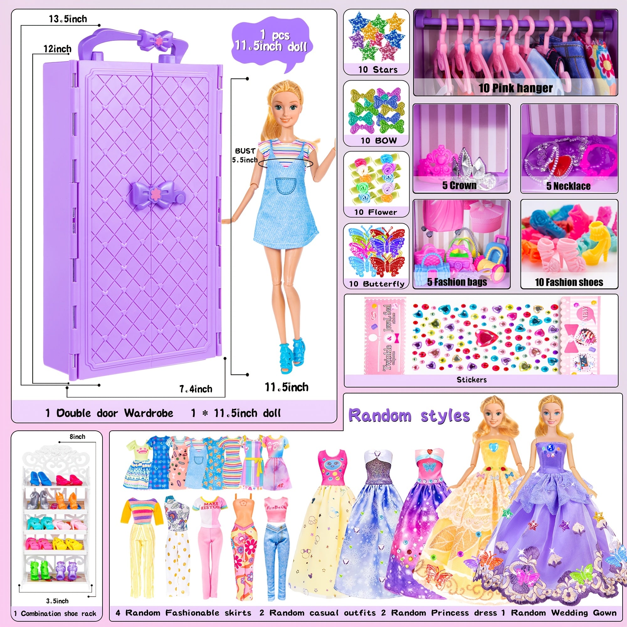 Doll Closet Wardrobe Playset 91pcs for 11.5 Inch Dolls – Princess Gowns Dresses Swimsuits Shoes Handbags Accessories & DIY Stickers Gift for Girls Ages 3+