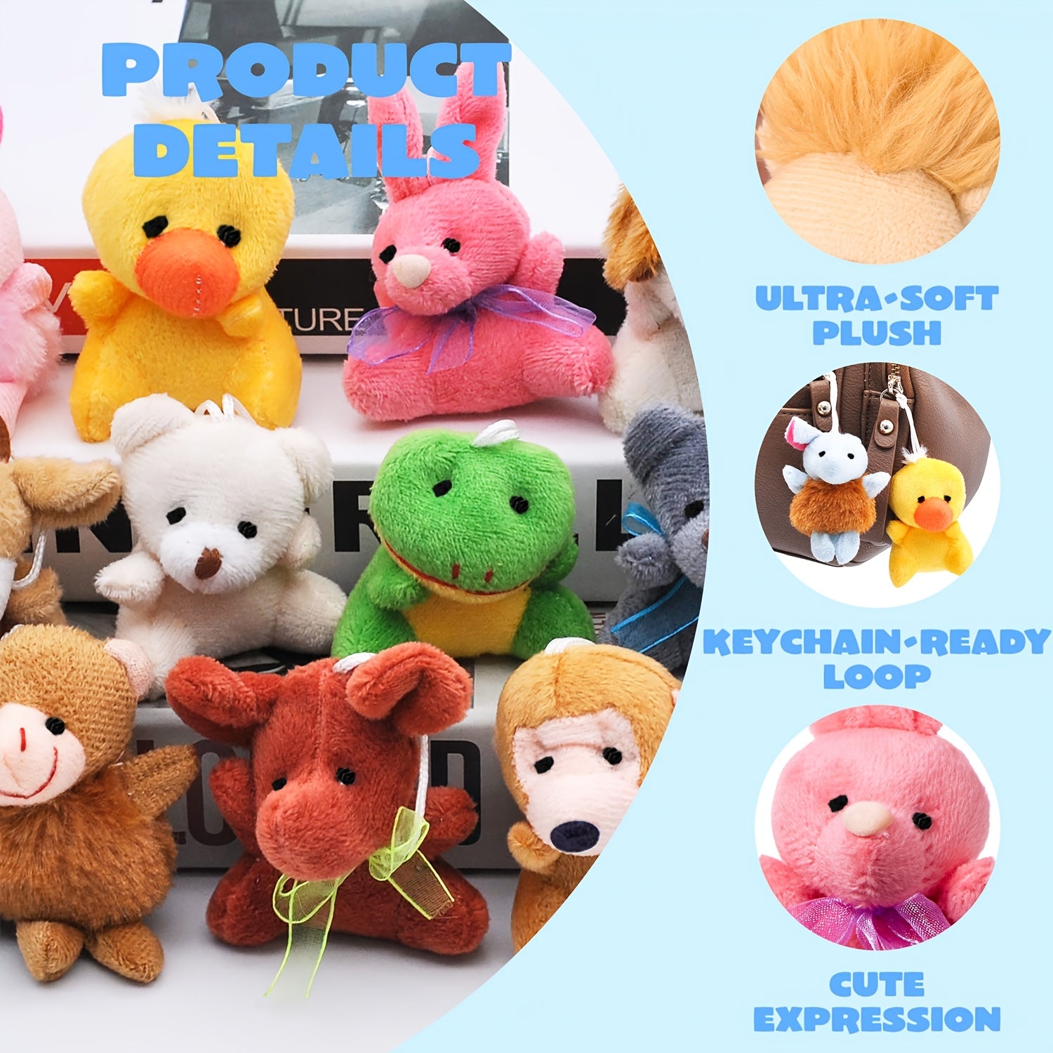 Mini Stuffed Animal Keychain Set 24 Pcs – Soft Plush Animal Figures with Lanyard, Easter Egg Stuffers, Party Favors, Classroom Prizes, Carnival Rewards & Bulk Birthday Gifts for Kids