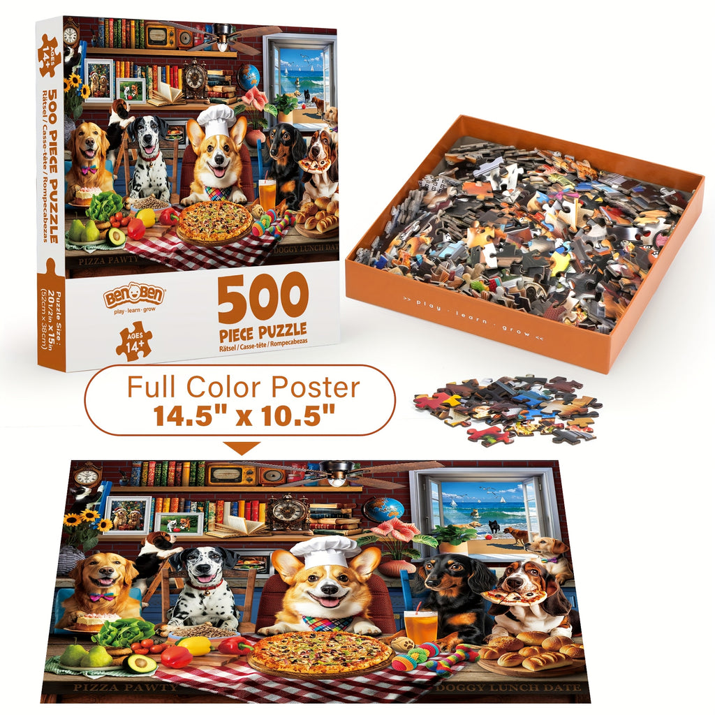 Dog Jigsaw Puzzles for Adults 500 & 1000 Pieces – Funny Dogs Dinner Party Theme, Letters on Back, Thick Durable Pieces, Family Game Night Gift for Dog Lovers Men Women