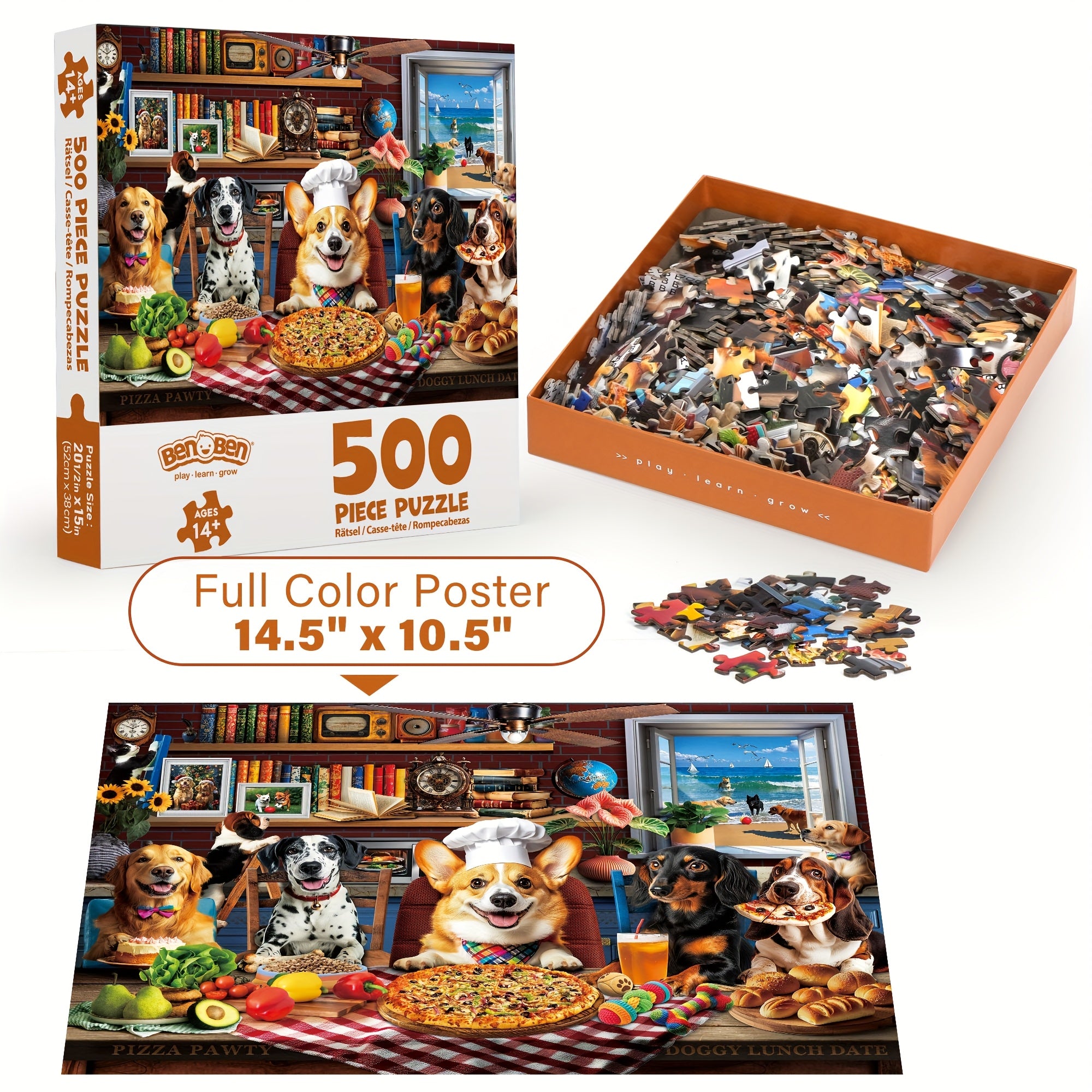 Dog Jigsaw Puzzles for Adults 500 & 1000 Pieces – Funny Dogs Dinner Party Theme, Letters on Back, Thick Durable Pieces, Family Game Night Gift for Dog Lovers Men Women